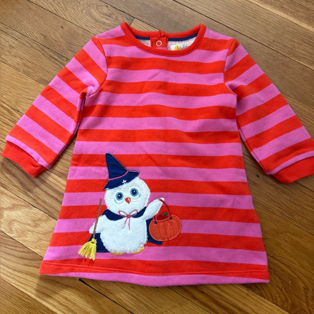 Baby Boden 3-6M Halloween Owl Witch Fuzzy Appliqué Orange/Pink Striped Dress